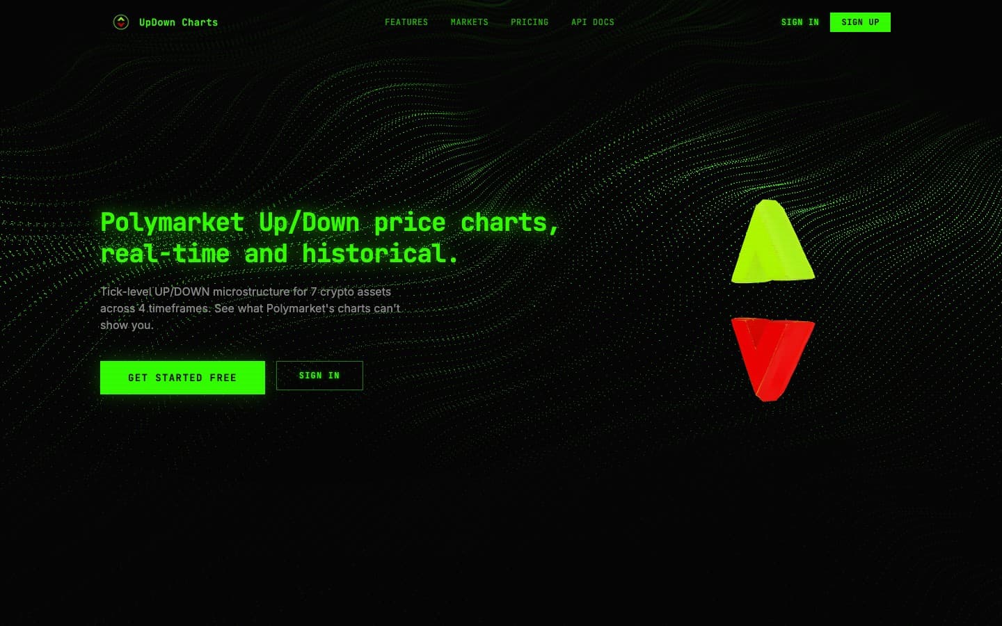 UpDown Charts homepage with a green terminal headline over dark particle waves and up/down markers